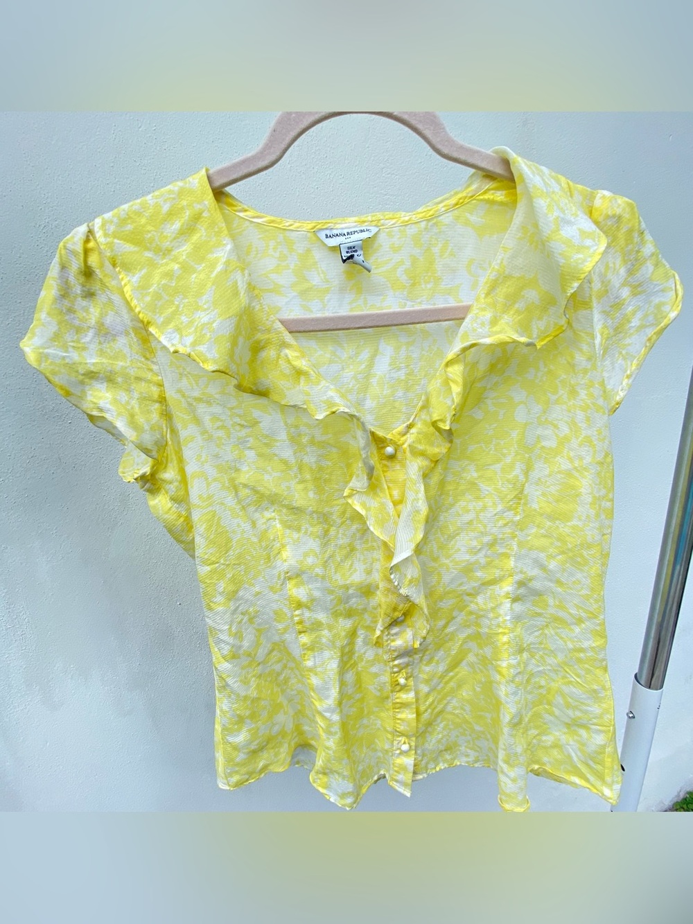 Y2K Yellow & Ivory Silk Blend Ruffle Blouse Size Small